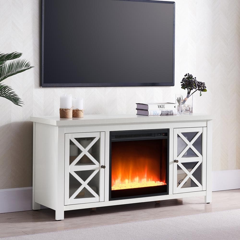 White 47 Inch TV Stand with Electric Fireplace and Glass Doors