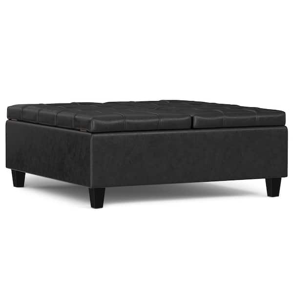 Simpli Home Harrison 40 in. Square Large Coffee Table Storage Ottoman in Distressed Black Vegan Faux Leather, Assembled