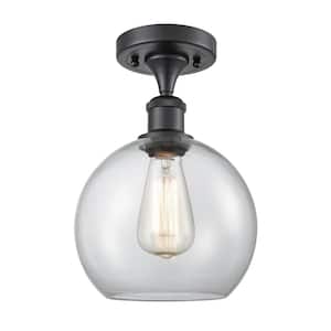 Athens 8 in. 1-Light Matte Black Industrial Semi-Flush Mount with Clear Glass Shade