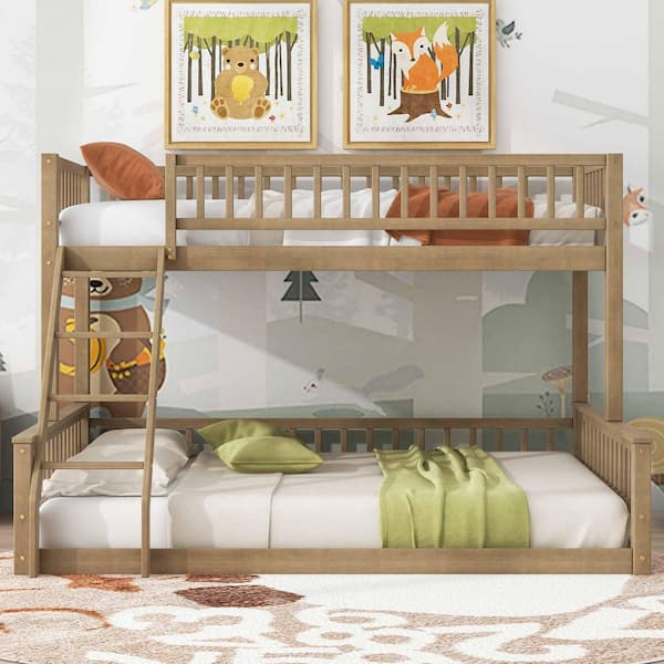 Walnut Twin XL Over Queen Bunk Bed with Ladder and Guardrails
