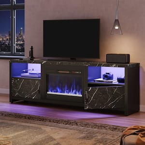 70 in. Black Marble LED TV Stand Fits TV's Up to 75 in. Entertainment Center with Fireplace and Cabinets