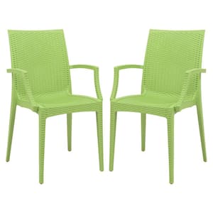Green Mace Modern Stackable Plastic Weave Design Indoor Outdoor Dining Chair with Arms (Set of 2)
