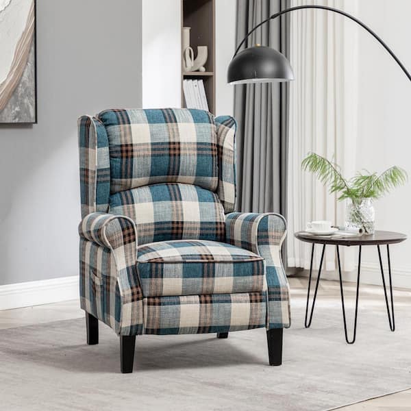 LUCKY ONE Blue Plaid Fabric Modern Recliner with Side Pocket, for Living Room
