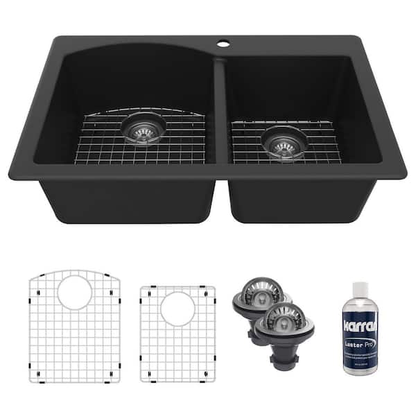 QT-610 Quartz/Granite 33 in. Double Bowl 60/40 Top Mount Drop-In Kitchen Sink in Black with Bottom Grid and Strainer