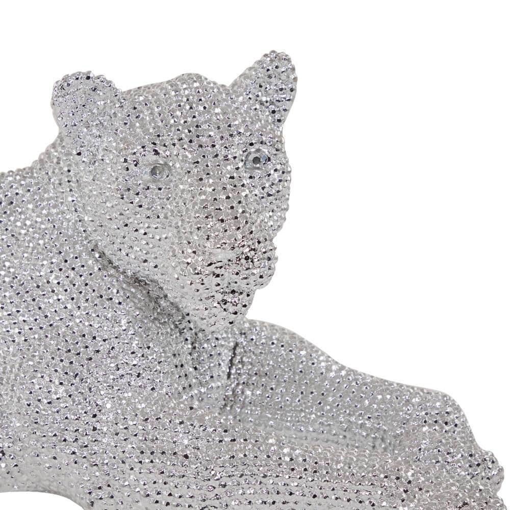Silver Polystone Glam Leopard Floor Sculpture with Faceted Diamond Texture