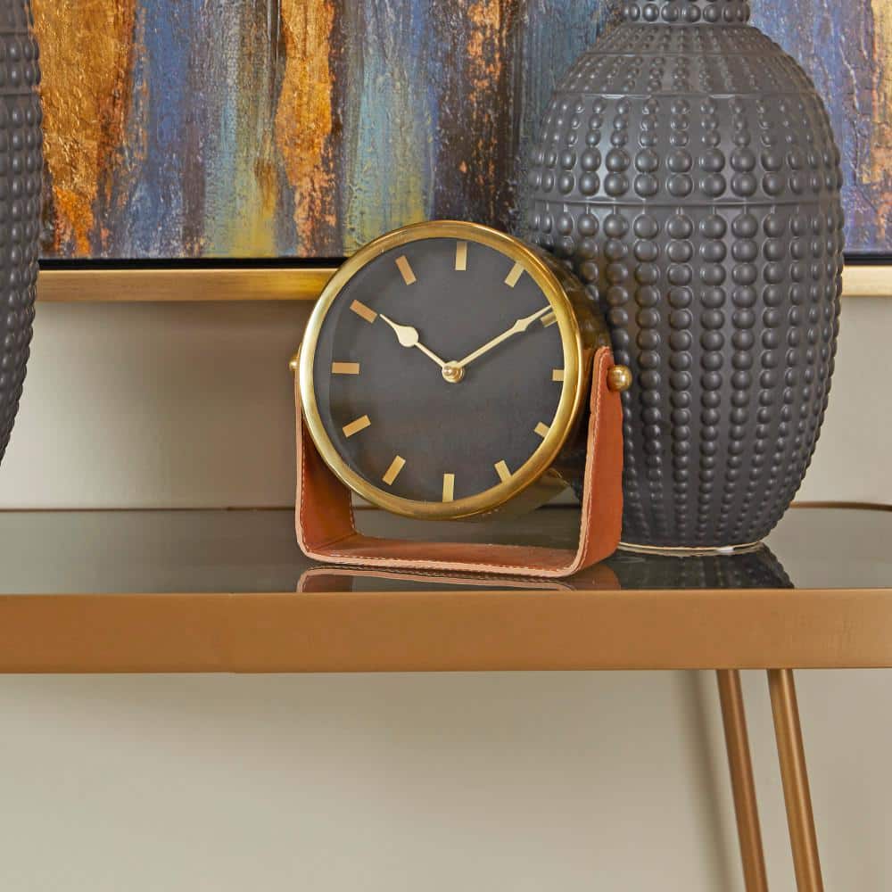 Gold Stainless Steel Round Desk Clock with Leather Stand