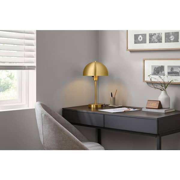 Hampton Bay Corbin 17.5 in. Brushed Brass Modern 1-Light Table Lamp with Metal Dome Shade and AC Outlet on Base