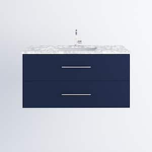 Napa 48 in. W x 22 in. D Single Sink Bathroom Vanity Wall Mounted in Navy Blue with Carrera Marble Countertop