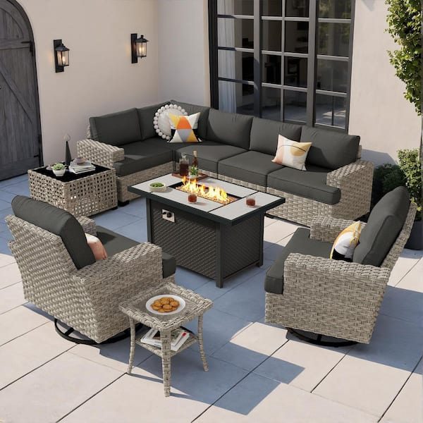 Felicity 10 Pieces Wicker Outdoor Patio Rectangular Fire Pit Set and Swivel Rocking Chairs with Black Cushions