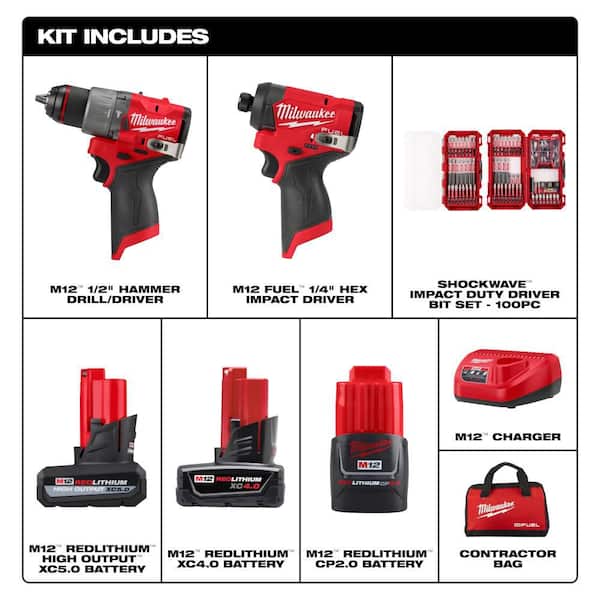 M12 FUEL 12V Cordless Hammer Drill/Impact Combo Kit (2-Tool) w/5.0Ah Battery & SHOCKWAVE Bit Set (100-Pc)