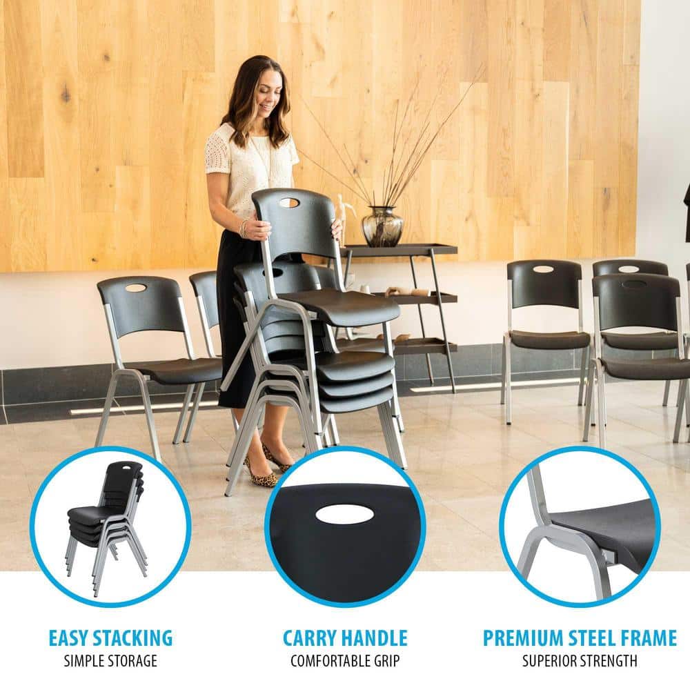 Modern Black and Silver Metal Plastic Utility Chairs, 4 Pack