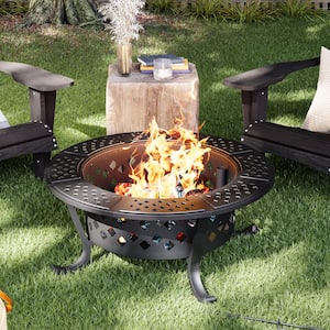 28 in. Outdoor Wood Burning Fire Pit with 2 Grills and Removable Lid, Large Barbecue Table for Camping and Picnics