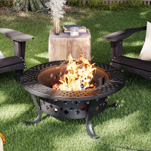 Sizzim 28 in. Outdoor Wood Burning Fire Pit with 2 Grills and Removable Lid, Large Barbecue Table for Camping and Picnics