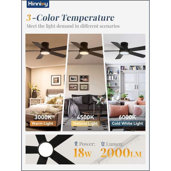 48 in. Indoor Black Low Profile 6-Speed 3-Color Ceiling Fan with Light Kit and Remote Control and DC Motor