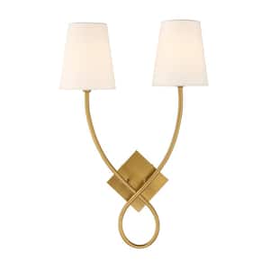 Barclay 2-Light Warm Brass Wall Sconce with White Linen Fabric Shades