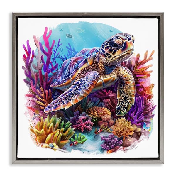 Stupell Industries Turtle & Purple Coral by LSR Design Studio Gray Floater Frame Animal Graphic Art Print 18 in. x 18 in.