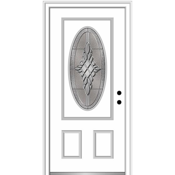 MMI DOOR 36 in. x 80 in. Grace Left-Hand Inswing Oval-Lite Decorative 2-Panel Primed Steel Prehung Front Door on 6-9/16 in. Frame