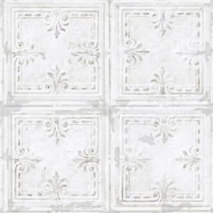 Tin Tile White Geometric Vinyl Peel & Stick Wallpaper Roll (Covers 28.18 Sq. Ft.)