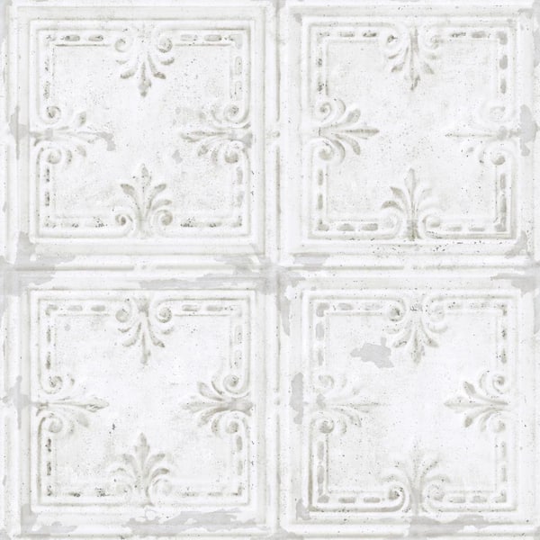 RoomMates Tin Tile White Geometric Vinyl Peel & Stick Wallpaper Roll (Covers 28.18 Sq. Ft.)