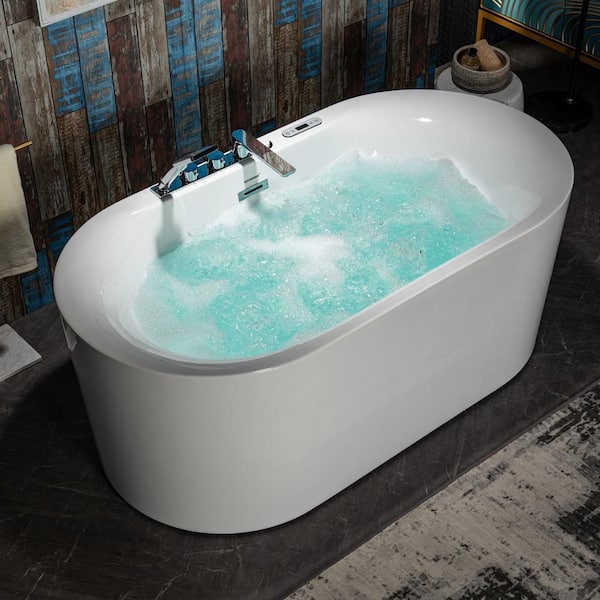 WOODBRIDGE 59 in. Acrylic Flatbottom Whirlpool and Air with Inline Heater Bathtub, Tub Filler, Drain and Overflow Included in White