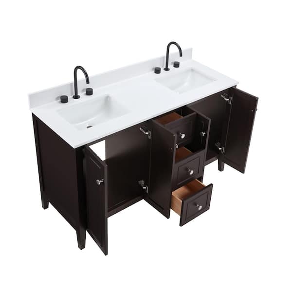 Lille 60 in. W x 22 in. D x 35 in. H Double Sink Bath Vanity in Espresso with Solid White Quartz Top