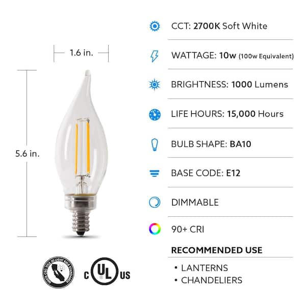 Feit Electric 100-Watt Equivalent BA10 Candelabra Dimmable Filament CEC Clear Chandelier LED Light Bulb, Soft White 2700K (2-PacK) BPCFC100927CAFIL/2 - The Home Depot