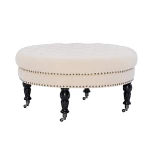 Bella Natural Round Button Tufted Ottoman with Decorative Nail Head Accents