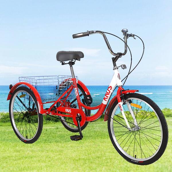 3 wheel beach cruiser bicycle Runesay 26 in. Wheels Cruiser Bicycles Adult Tricycle Trikes 3-Wheel Bikes  with Large Shopping Basket Single Speed in Red BIKECYN707