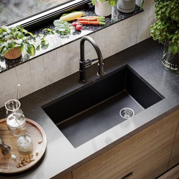 Undermount Quartz Composite 32 in. Single Bowl Kitchen Sink in Black