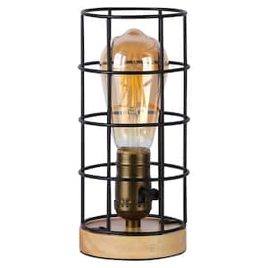 Modern 7.7 in. 1-Light Wood Base Table Lamp for Living Room with Black Cage Shade and Switch, E26 Base, not include bulb