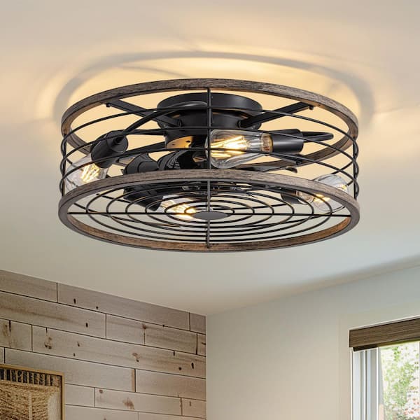 WDETR 20 in. Indoor Matte Black Enclosed Flush Mount Ceiling Fan with Metal Light Kit and Remote Control Included