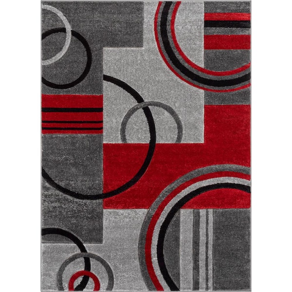 5 x 7 ft Red Black Light Gray 3D Modern Abstract Geometric Decor Area Rug  Carpet