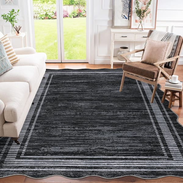 5 X 7 ft. Black Scallop Area Rug, Washable Rug, Non-Slip Low-Pile Solid Rug, for Bedroom, Living Room, Home Office
