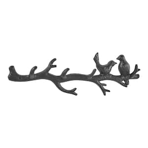 Dark Brown Cast Iron Birds on Tree Branch Decorative Wall Sculpture Utility Hook Unit with 4 Hooks