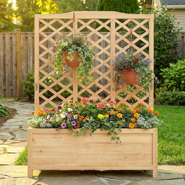 BOZTIY 44 in. L x 16 in. W x 59 in. H Freestanding Raised Garden Bed with Trellis Outdoor Wooden Privacy Screen w/ Planter Box