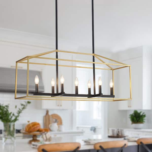 7-Light Farmhouse Black and Gold Hanging Linear Island Chandelier Lighting for Kitchen Island
