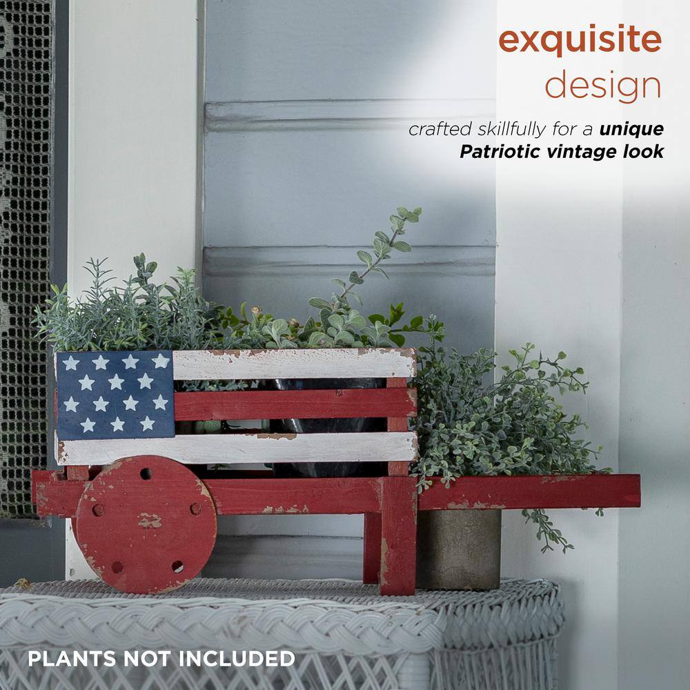 21" Rustic Red and White Wooden Wheelbarrow Planter