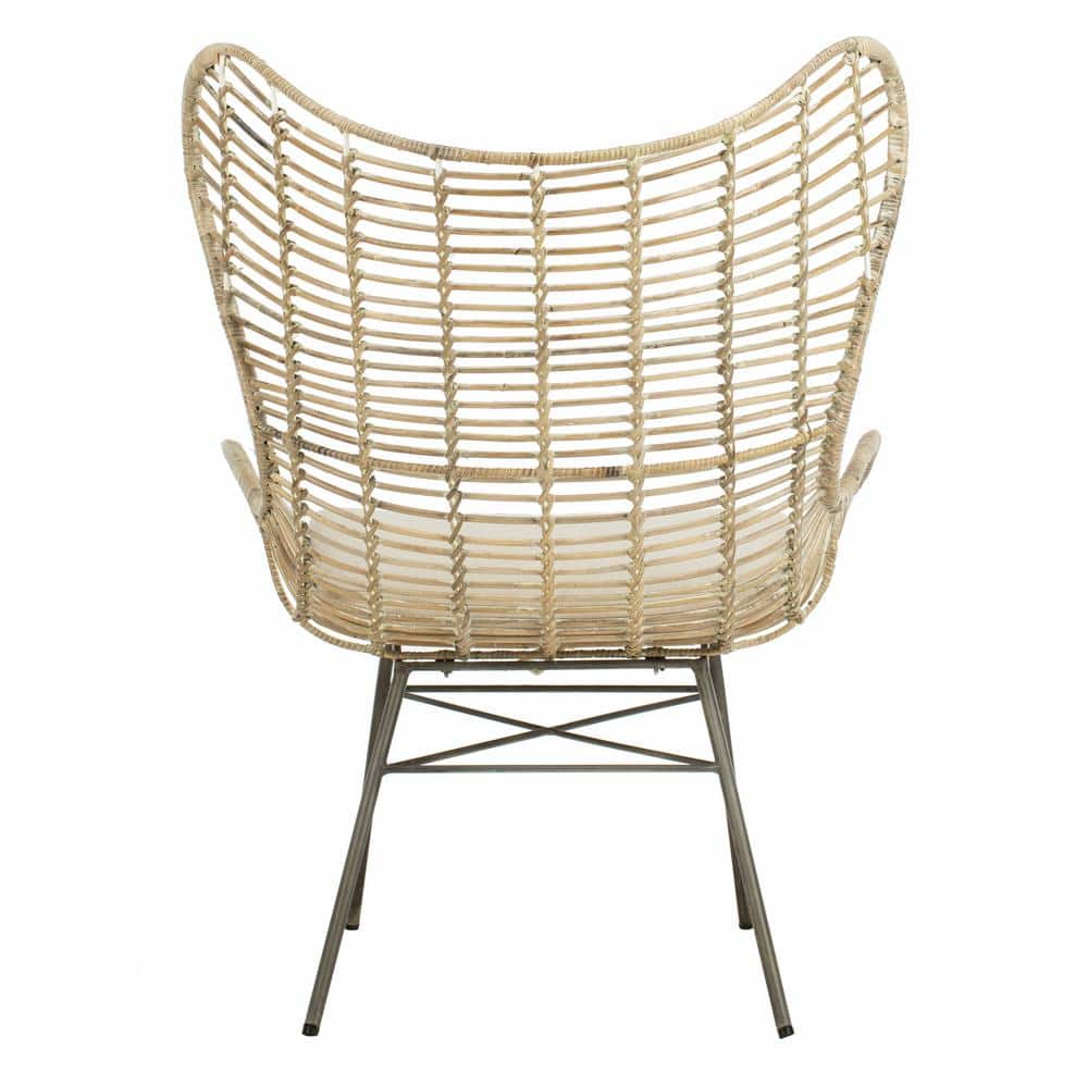 Transitional Beige Rattan Wingback Armchair with White Wash Finish