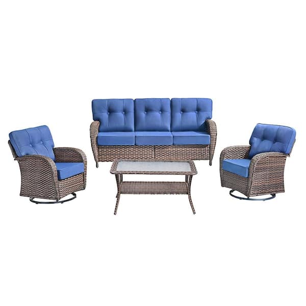 Modern Seaside 4-Piece Patio Wicker Outdoor Conversation Set Rocking Chair Swivel Glide with Table and Blue Cushions