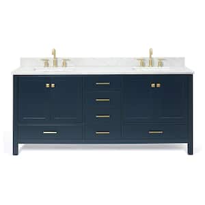 Cambridge 73 in. W x 22 in. D x 35.25 in. H Bath Vanity in Midnight Blue with Marble Vanity Top in White