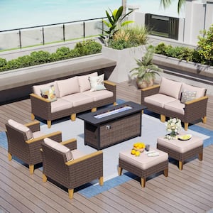 Brown Rattan Wicker 9 Seat 10-Piece Steel Outdoor Fire Pit Patio Set with Beige Cushions and Rectangular Fire Pit Table