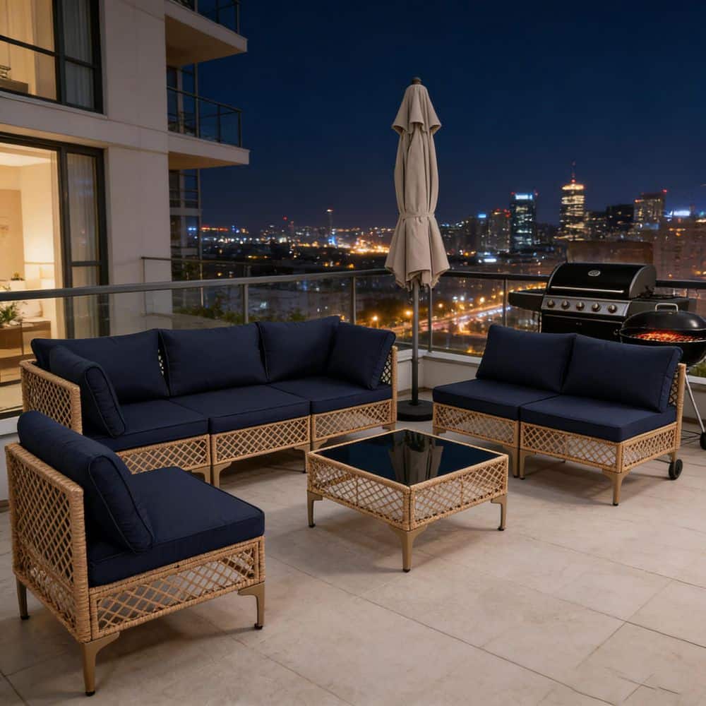 7-Piece Brown Wicker Patio Conversation Set with Blue Cushions, Coffee Table