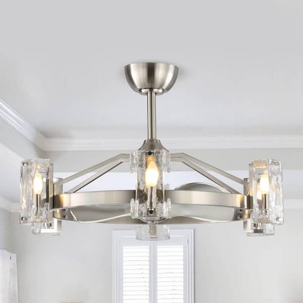34 in. Bucholz LED Indoor Satin Nickel Downrod Mount Ceiling Fan Chandelier with Light Kit and Remote Control