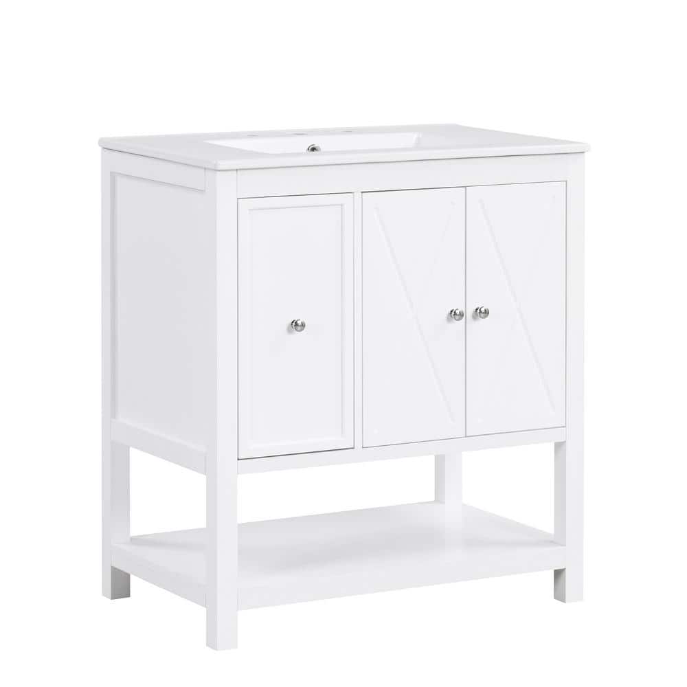 White Ceramic Top Single Sink Freestanding Bathroom Vanity
