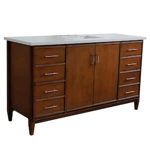 61 in. W x 22 in. D Single Bath Vanity in Walnut with Quartz Vanity Top in White with White Rectangle Basin