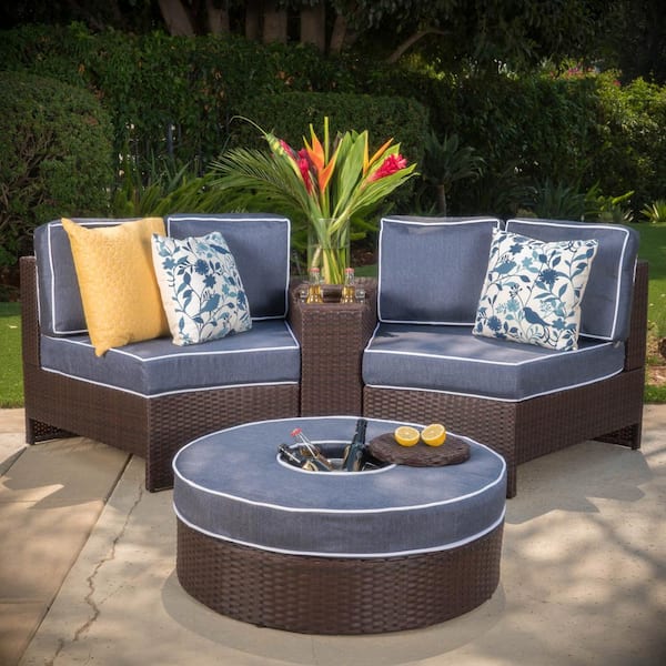 Noble House 4-Piece Faux Rattan Outdoor Patio Sectional Seating Set with Navy Blue Cushions