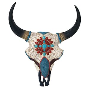 16.5 in. x 13.5 in. Mystic Plains Warrior Faux Gem Encrusted Cow Skull Large Scale Wall Sculpture