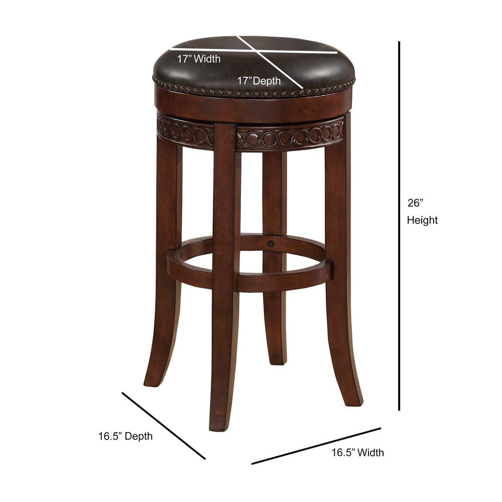 Cherry Finish Backless Swivel Counter Stool with Brown Leather Cushion
