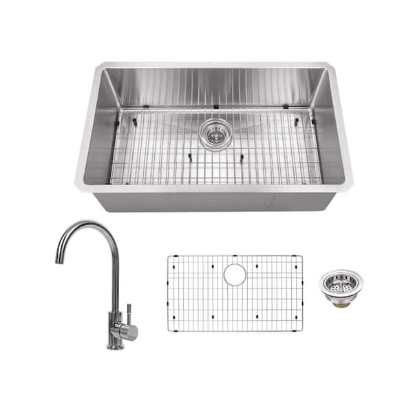 IPT Sink Company Radius Undermount Stainless Steel 30 in. Single Bowl Kitchen Sink with Gooseneck Kitchen Faucet