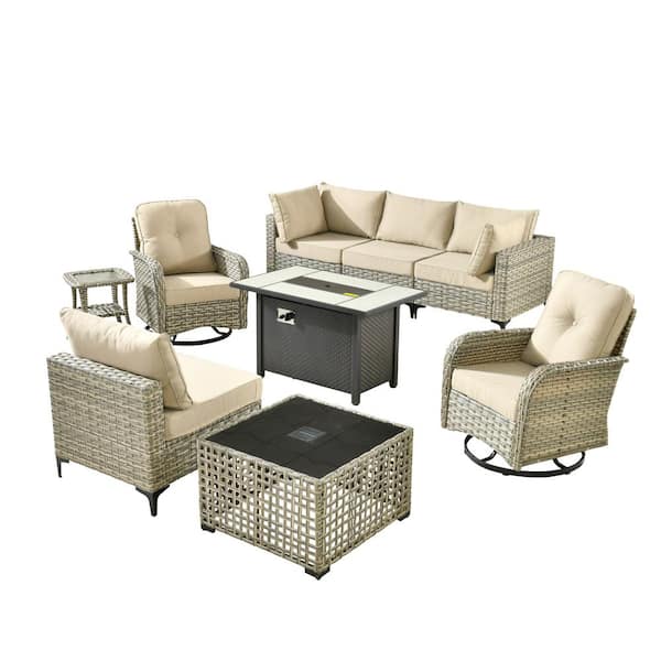 Holston 9-Piece Wicker Modern Outdoor Patio Metal Fire Pit Conversation Sofa Set with Swivel Chairs and Beige Cushions